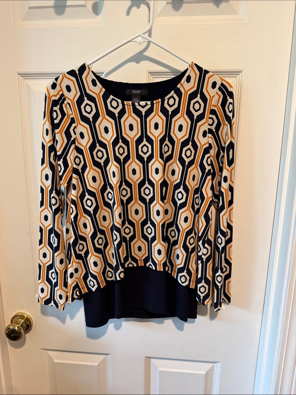 Alfani Navy, Mustard & White Geometric Long-Sleeve Blouse